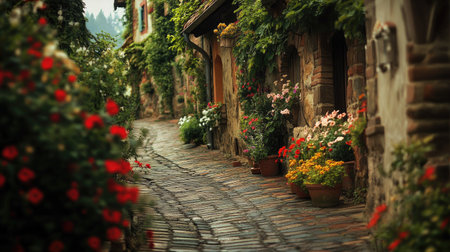A winding brick walkway outside a rustic building, surrounded by vibrant flowers.の素材