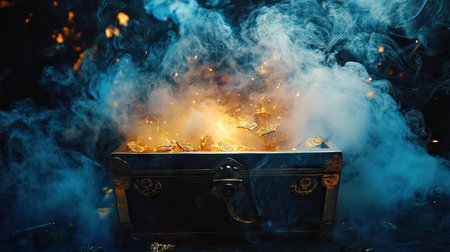 A treasure chest with golden accents releasing glowing smoke in shades of gold and blueの素材