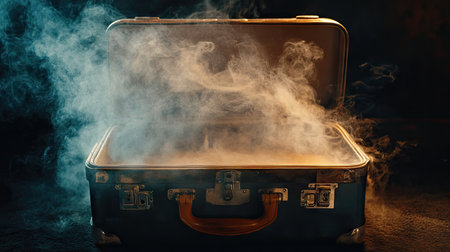 A vintage suitcase with smoke seeping through the edges as it begins to openの素材