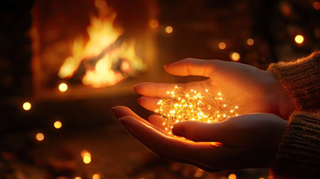 A warm holiday scene featuring hands cupping twinkling lights, with a fireplace flickering softly in the backgroundの素材