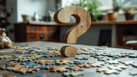 A wooden question mark cutout placed on a table, surrounded by scattered puzzle piecesの素材