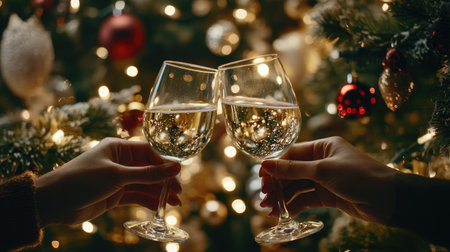 A toast with wine glasses under a mistletoe, with festive Christmas decorations in the backgroundの素材