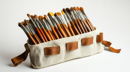 Paint brushes arranged neatly in a canvas roll-up case, ready for travelの素材