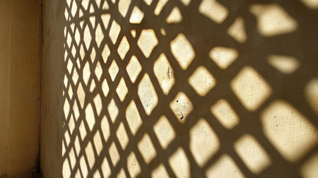 Shadows of lattice patterns projected onto a beige stucco wall under direct sunlight.の素材