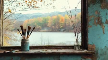 Paint brushes in a mason jar, with a partially painted wall as the backgroundの素材