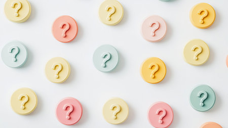 Multiple question mark symbols arranged in a circular pattern on a white backgroundの素材