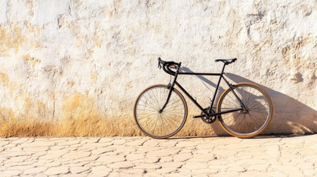The sharp outline of a bicycle's shadow resting against a textured wall under a bright sun.の素材
