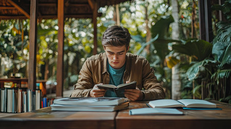 A young man enjoying the smell of coffee while sitting at a rustic table with books and a notebookの素材