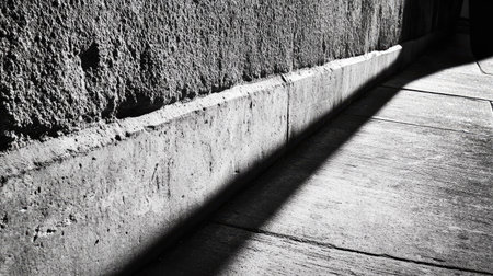 High noon light creating a stark, elongated shadow from a small ledge on a concrete wall.の素材