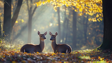 Two deer sitting quietly in a forest clearing, with dappled sunlight filtering through the trees.の素材