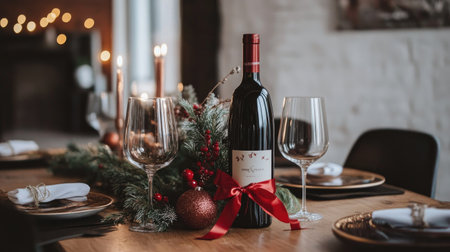 Wine glasses and a bottle of wine wrapped with festive red ribbon, placed on a table with holiday decorの素材