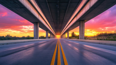Symmetrical lanes of a highway running under a clean concrete overpass, bathed in the colors of a twilight sunset.の素材