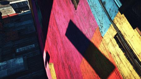 Dramatic noon shadow of a rooftop extending halfway down a brightly painted wall.の素材