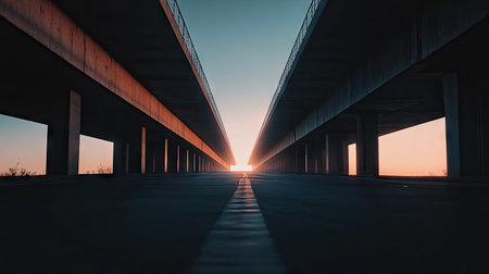 The clean lines of a highway underpass cutting through the foreground, with a soft gradient sunset in the sky.の素材