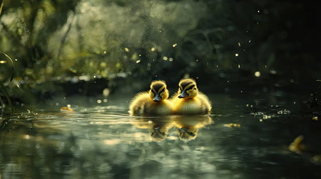 Two tiny ducklings sitting side by side on the edge of a pond, with rippling water behind them.の素材