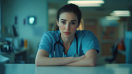 Female nurse in scrubs, leaning against a counter with a stethoscope, looking calm and professional.の素材