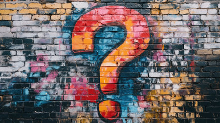 A vibrant question mark symbol painted on a brick wall in a graffiti styleの素材