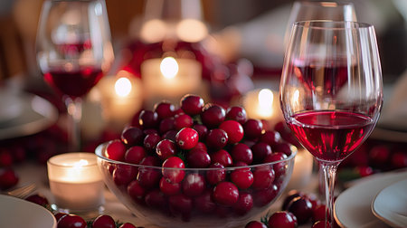 Red and white wine glasses on a table with a holiday centerpiece featuring cranberries and candlesの素材