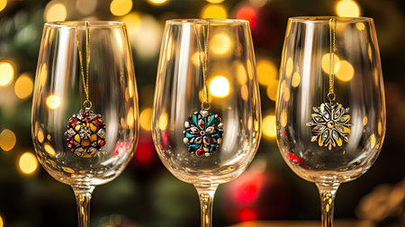 Wine glasses with holiday-themed wine charms, set against a blurred background of Christmas lightsの素材