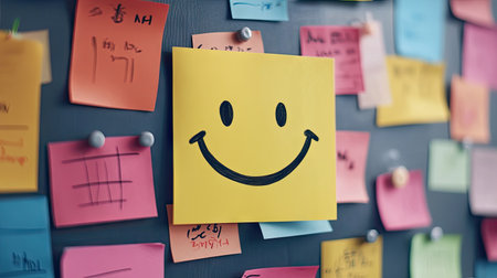 Yellow sticky note with a large smiley face on a bulletin board, surrounded by other colorful notes and remindersの素材