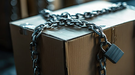 Padlock and chains encircling a cardboard box, representing fragile items or shipments under secure handling.の素材