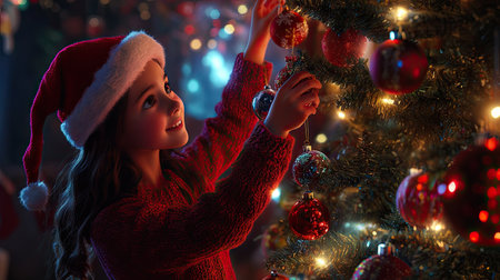 A girl in a red knitted pullover and Santa hat, hanging ornaments on a beautifully lit Christmas treeの素材