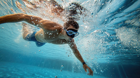 Swimmer in a streamlined position underwater, bubbles trailing from their feet as they kick with powerful energyの素材