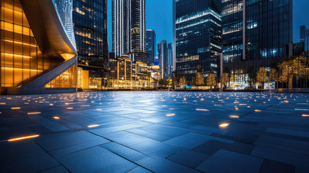 A futuristic square with smooth flooring and innovative building designs under dramatic lightingの素材