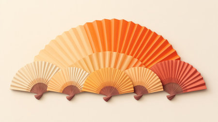 A set of fan brushes arranged in a gradient pattern, from smallest to largestの素材