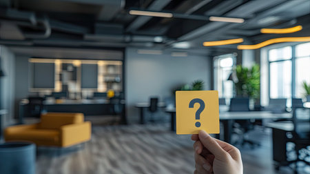 A hand holding a question mark card against a blurred office background, symbolizing inquiryの素材