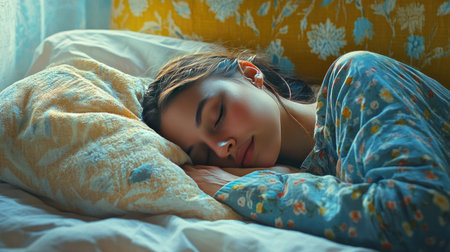 Woman in cozy pajamas sleeping in a bed, her face relaxed as she holds a warm, soft blanket close. Peaceful and cozyの素材