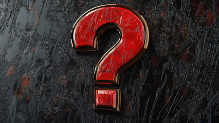 A red question mark symbol placed on a glossy black surface with dramatic lightingの素材