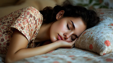 Woman in pajamas sleeping on her stomach, her face resting on a pillow with her hand gently placed on her cheekの素材
