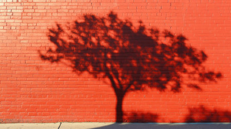 A shadow of a small tree at perfect symmetry on a red brick wall under midday light.の素材