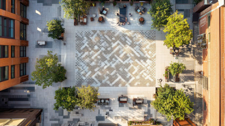 A bird's-eye view of a city square with patterned tiles and sleek modern buildings framing the edgesの素材