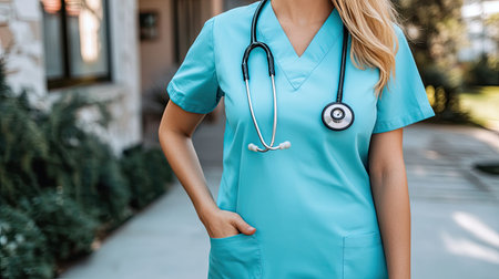 A nurse in light blue scrubs, with her stethoscope draped around her neck, standing outside a hospital.の素材