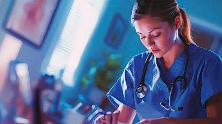 A nurse with scrubs and stethoscope, checking a patient's vital signs in a bright examination room.の素材