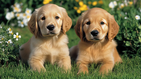 A pair of golden retriever puppies sitting side by side in a sunny green meadow, looking curious.の素材