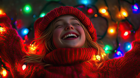 A girl in a red knitted pullover and Christmas hat, laughing while tangled in colorful holiday lightsの素材