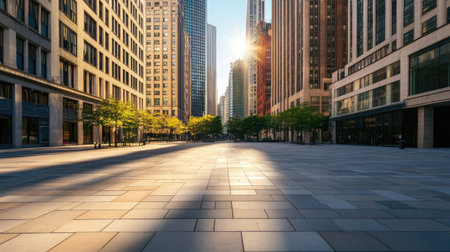 A quiet urban plaza in the early morning, with shadows of tall skyscrapers falling across the empty squareの素材
