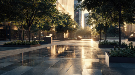A quiet urban plaza with smooth pavers and shimmering towers casting soft reflections on the groundの素材