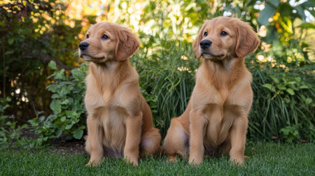A pair of golden retriever puppies sitting side by side in a sunny green meadow, looking curious.の素材