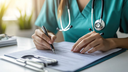 A nurse in scrubs with a stethoscope around her neck, reviewing a patient chart in a sunny medical office.の素材