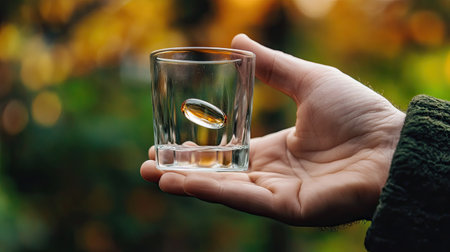 A person holding a glass of water and a single fish oil capsule, ready to consumeの素材
