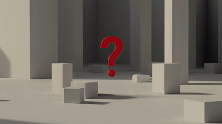 A single red question mark standing out among multiple gray question marks in a minimalist settingの素材