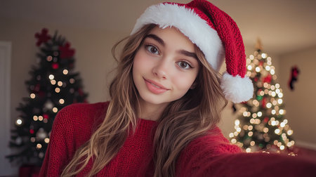 A girl in a red knitted pullover and Santa hat, taking a selfie with a Christmas tree in the backgroundの素材