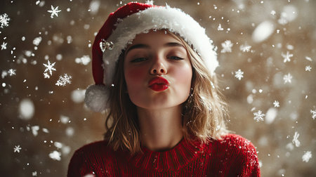 A girl in a red knitted pullover and Santa hat, blowing a kiss surrounded by floating snowflakes indoorsの素材