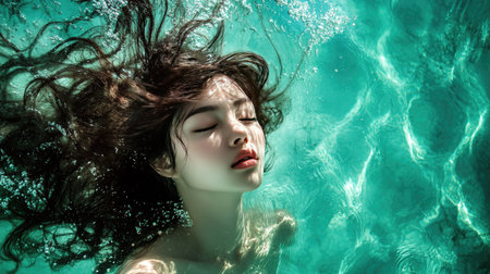 Woman swimming gracefully underwater, her hair floating around her as she moves through the clear, turquoise waterの素材