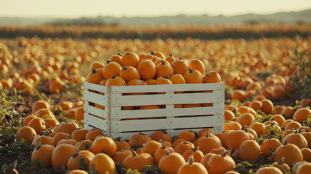 A white crate filled with bright orange pumpkins, placed in the middle of a pumpkin patchの素材