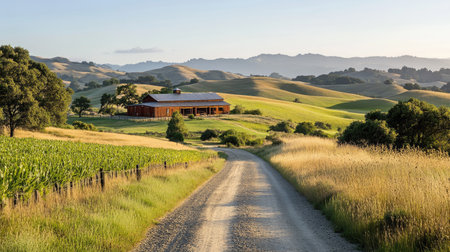 A rural dirt road leading to a barn-style building, surrounded by open fields and rolling hills.の素材